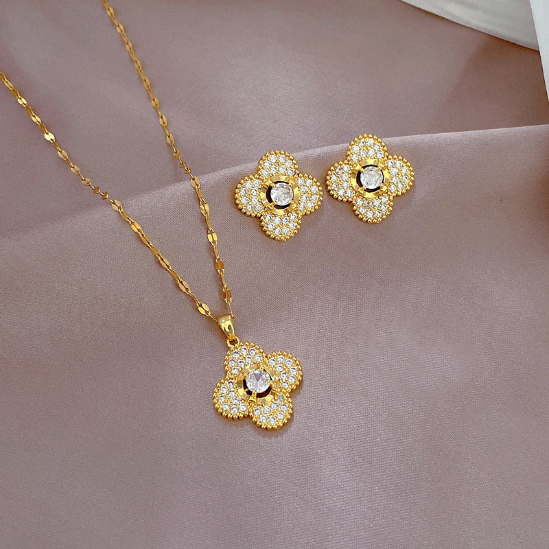 Luxury Titanium Steel Micro-Pave Four-Leaf Clover Necklace and Earrings Set for Women, Geometric Design, Plated Finish, Elegant Evening Wear