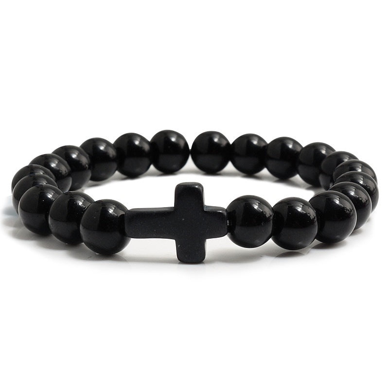 Natural Turquoise Cross Beaded Bracelet 8mm Round Stone Unisex Handmade Jewelry