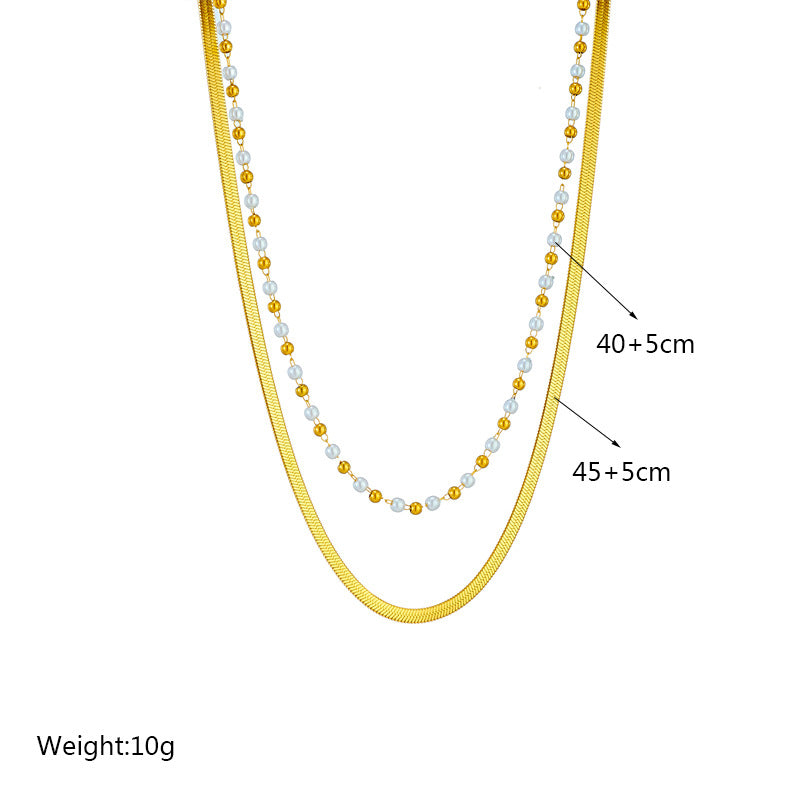 Geometric Irregular Metal Beaded Titanium Steel Flat Snake Chain Double Layer Necklace for Women
