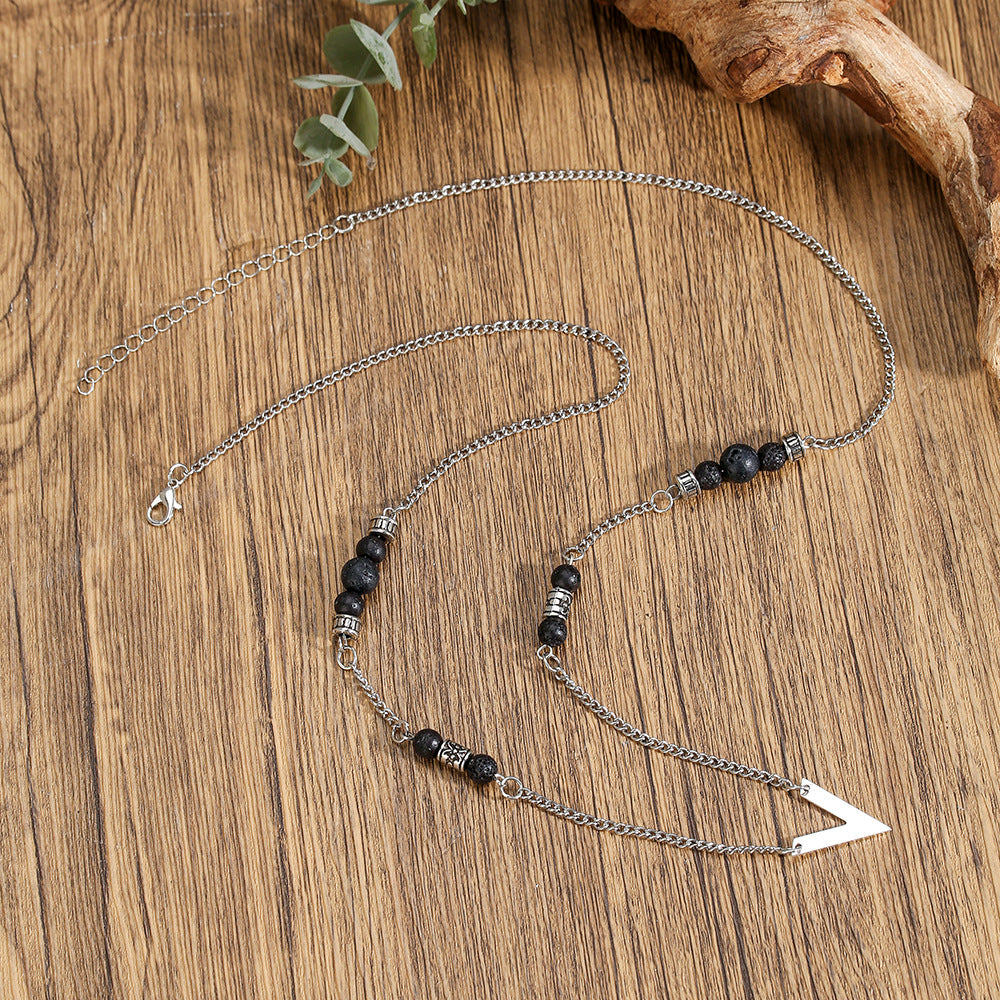 Vintage Men's Natural Volcanic Stone Triangle Beaded Necklace