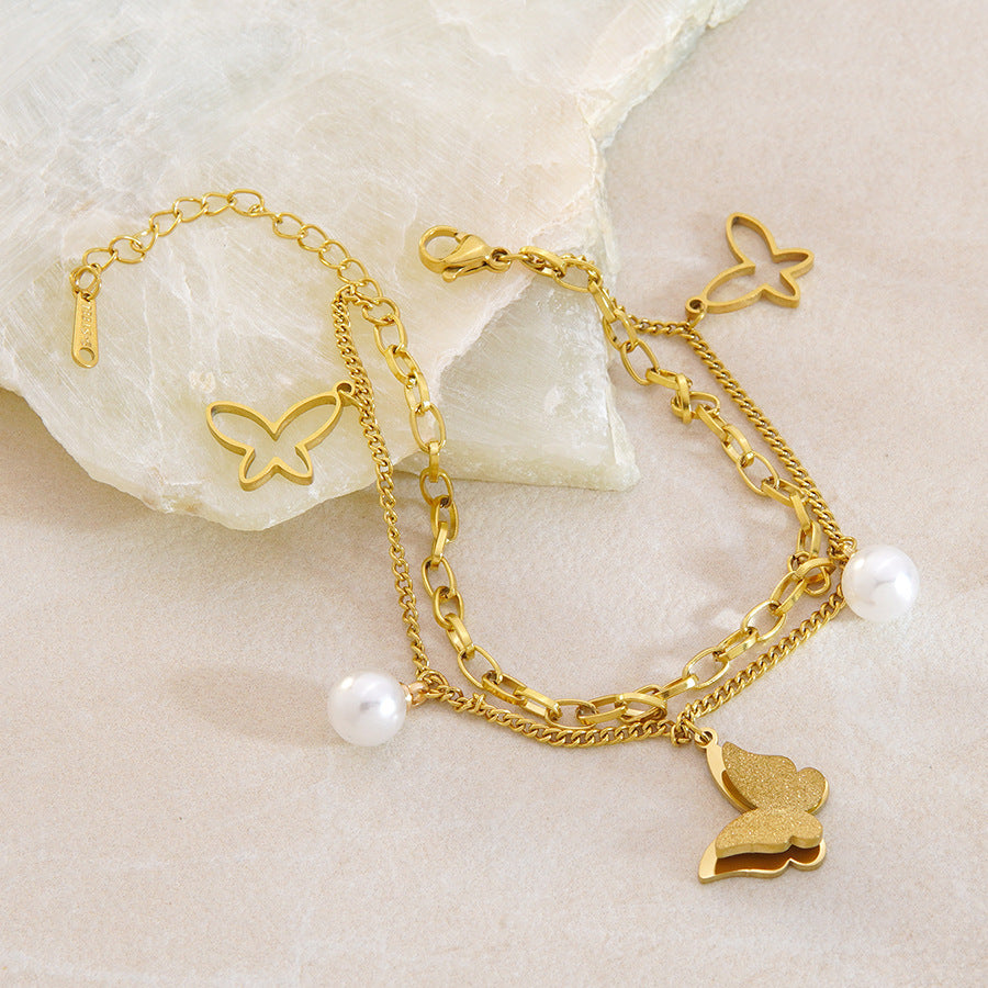 Minimalist Sweet Butterfly Geometric Stainless Steel Plated Bracelet with Pearl Double Layer Design for Women