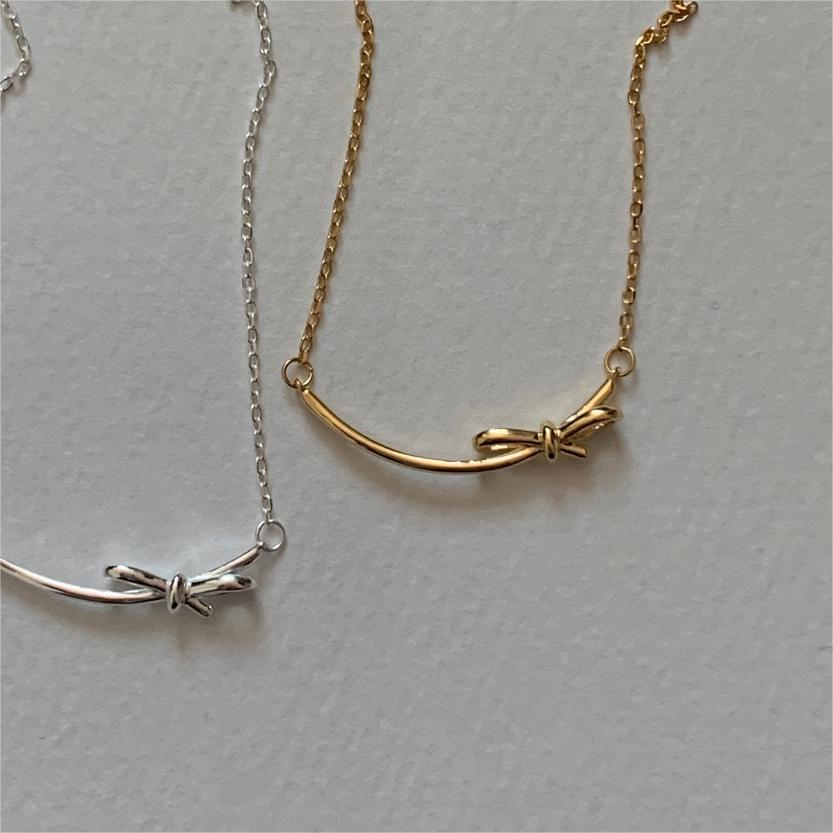 Minimalist Bow Knot Pendant Necklace in 925 Sterling Silver with Plated Finish on Cross Chain for Women