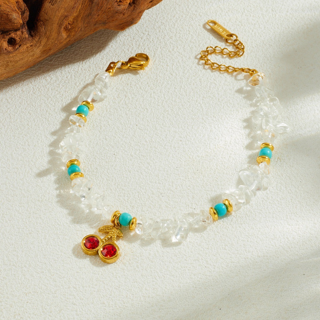 Sweet Stainless Steel Cable Chain Bracelet with Cherry Pendant, Turquoise Chips and Rhinestones