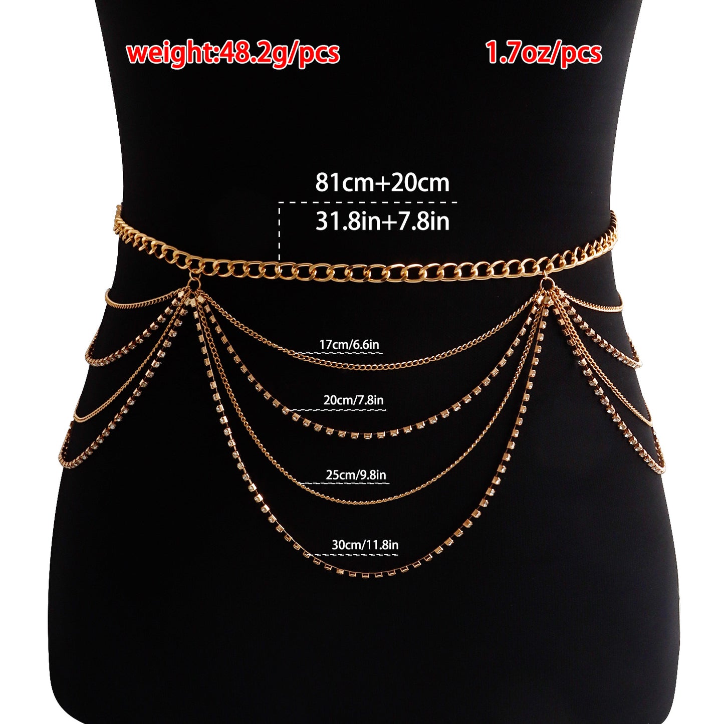 Catena per il corpo da donna in stile punk a forma di onda, in metallo con strass
