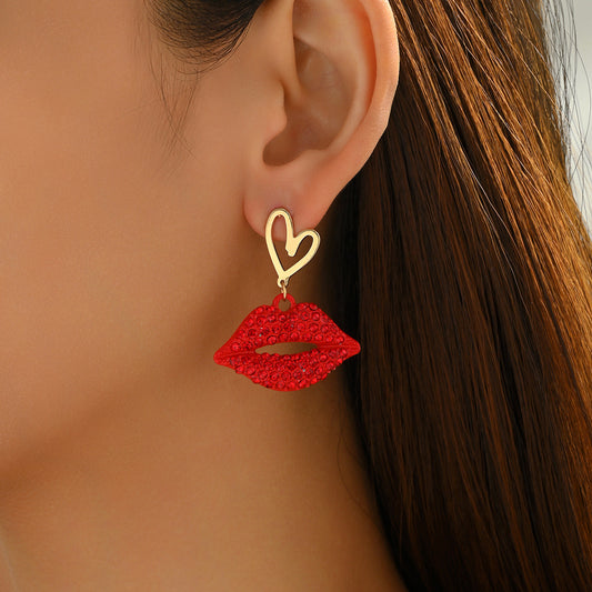 Pendientes de Aleación con Forma de Labios y Pedrería, Diseño Geométrico y Estilo Elegante y Versátil para Mujer