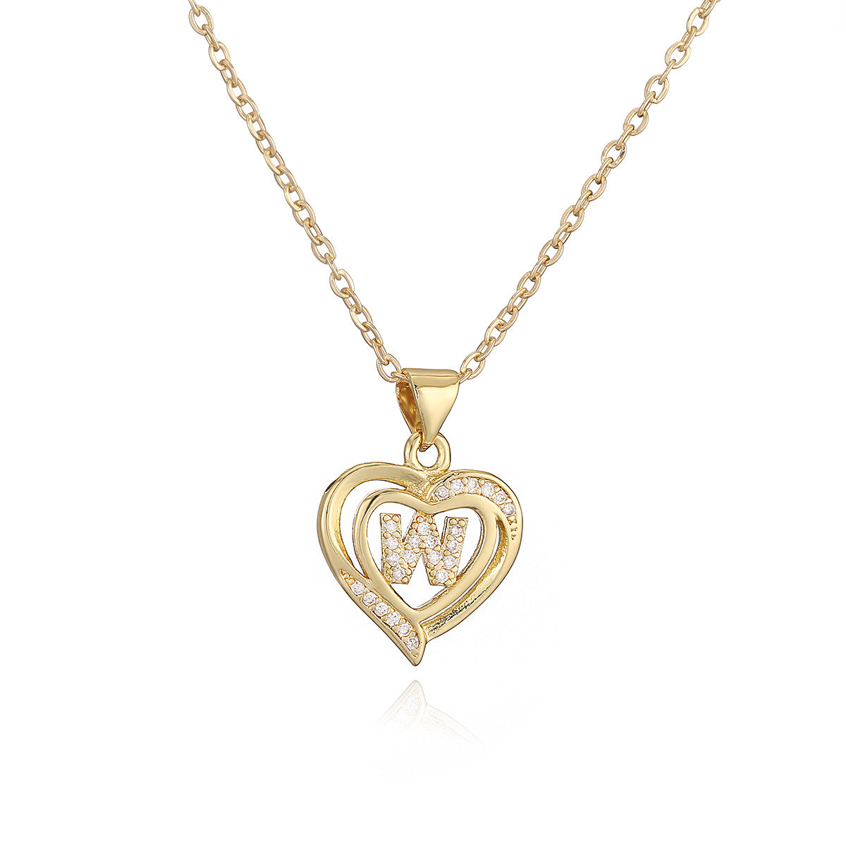 Collana con Pendente Minimalista in Rame, Placcatura in Oro 18K e Dettagli in Zircone a Forma di Cuore e Lettera per Donne
