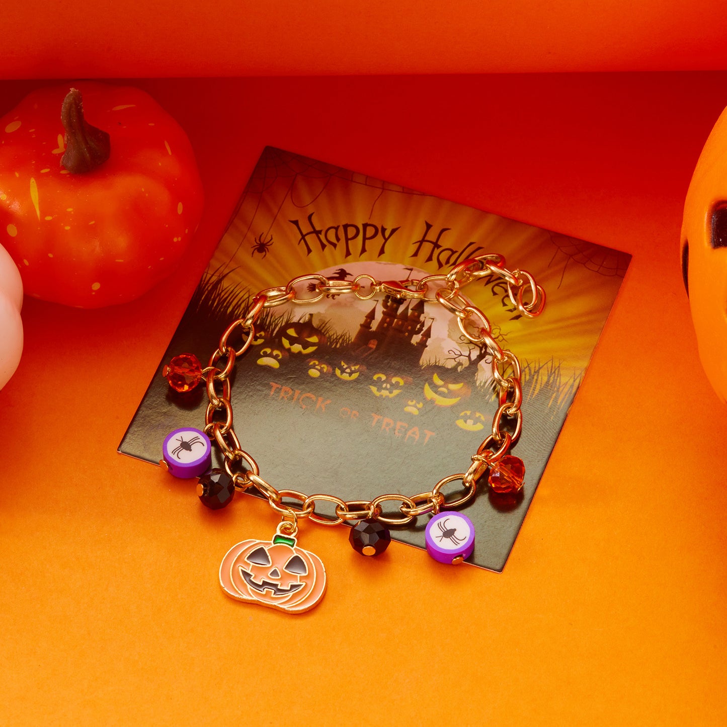 Cartoon-Style Halloween Ghost Pumpkin Bat Multi-Pendant Polymer Clay Bracelet with Plated Alloy