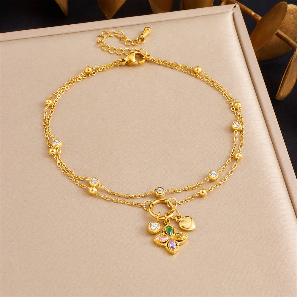 Double Layer Stainless Steel Anklet with Rhinestone Cherry Starfish Flower and Star Moon Charms for Women