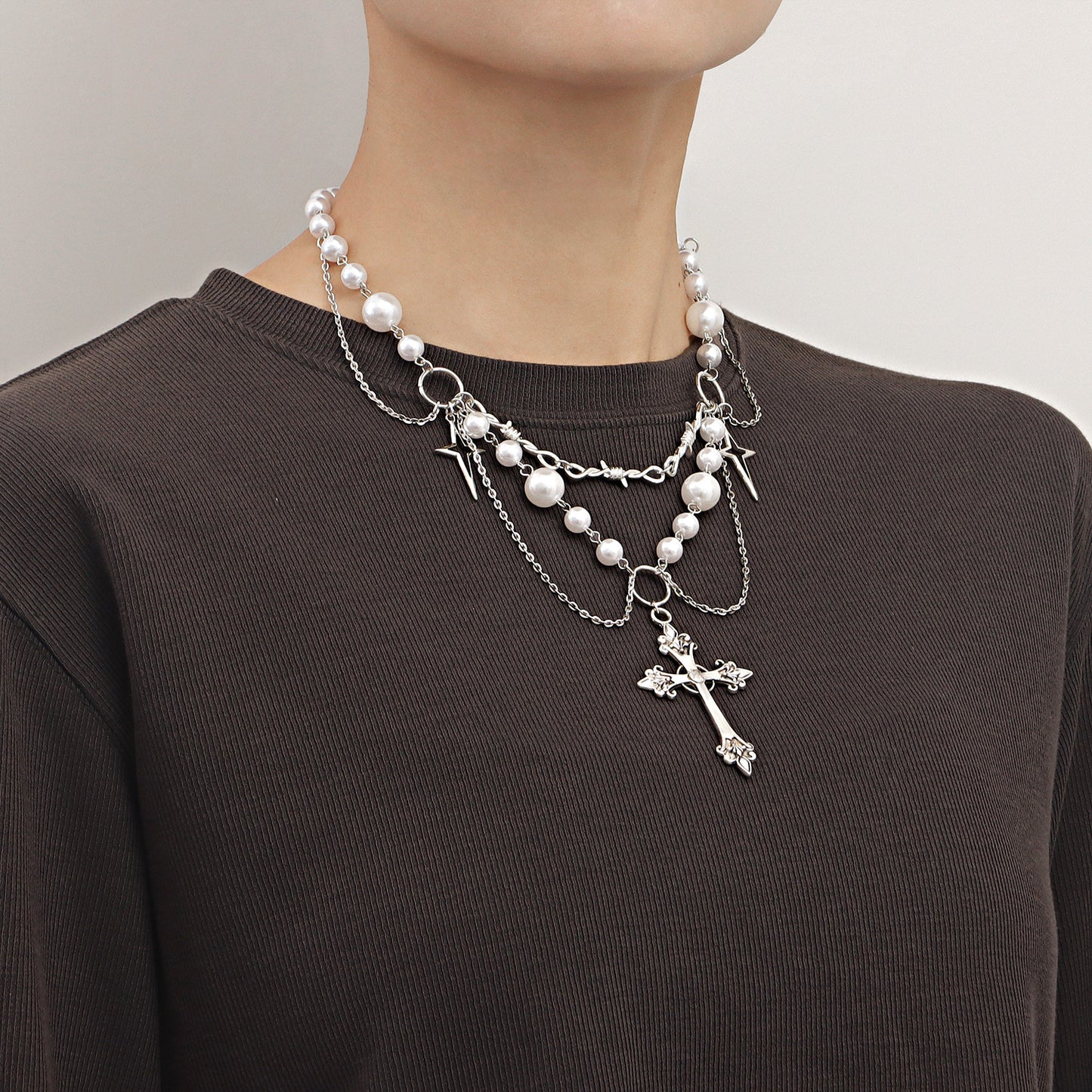 Minimalist Geometric Cross Pendant Necklace for Women with Alloy Chain and Rhodium Plating