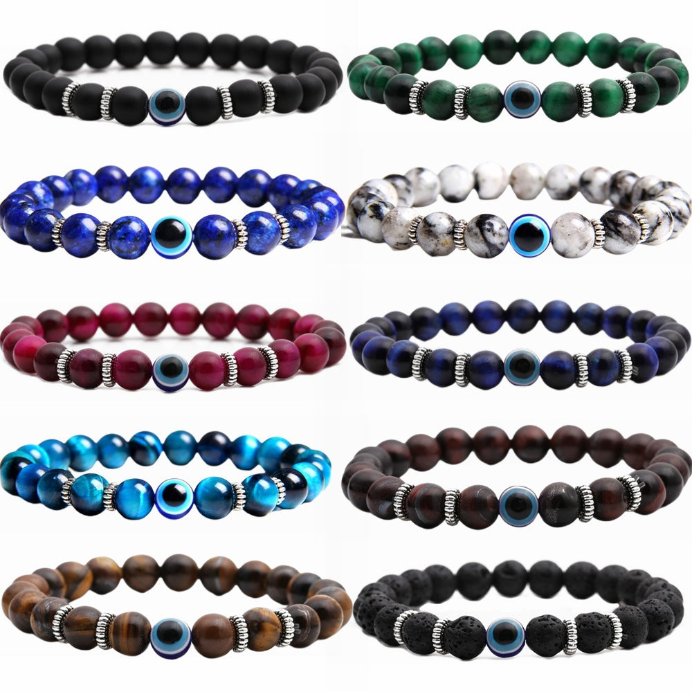 Fashion Elegant Matte Tiger Eye Volcanic Stone Lapis Lazuli Evil Eye Geometric Round Beaded Stretch Bracelet Unisex