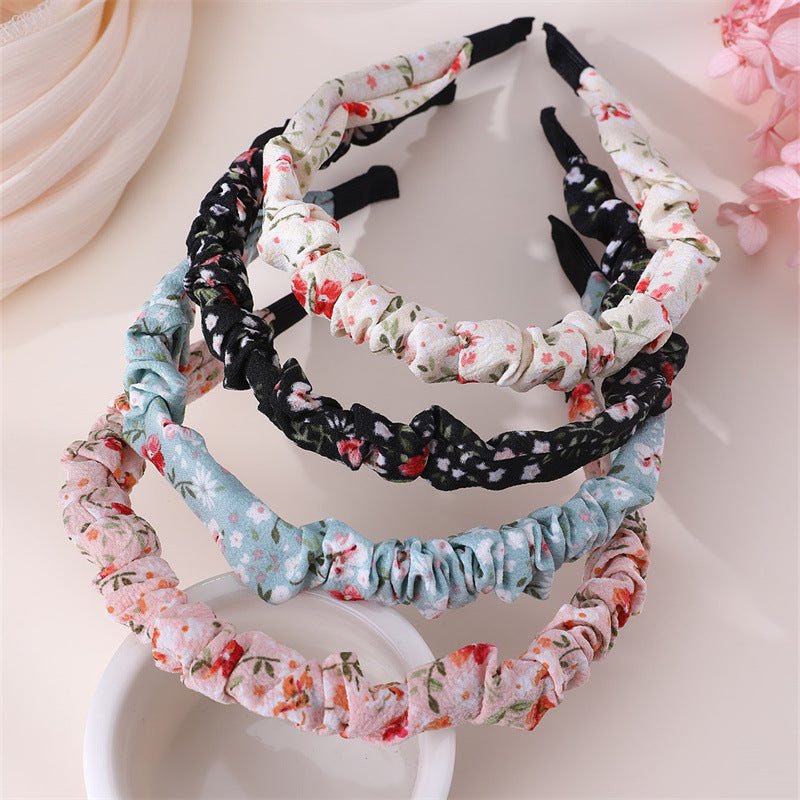 Diadema de tela rizada con estampado floral retro para niñas con revestimiento de resina brillante, accesorio de verano bohemio para el cabello