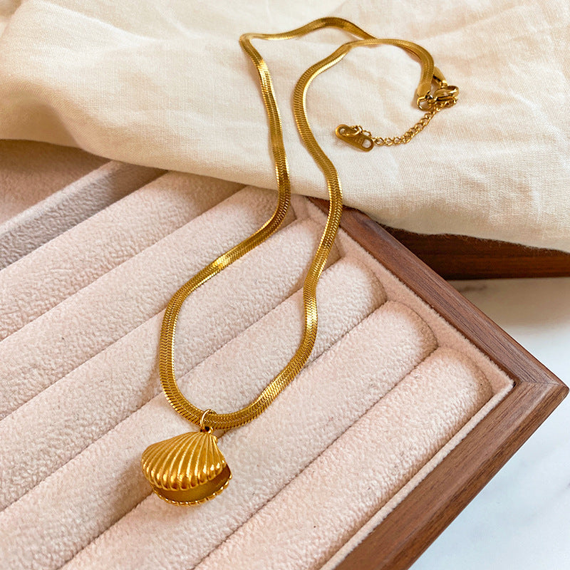 Minimalist Titanium Steel Snake Chain Necklace with Shell and Pearl Elements