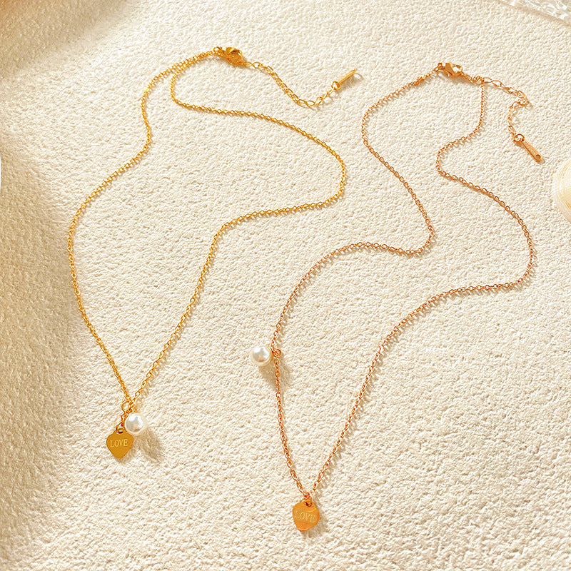 Minimalist Luxury Gold Plated Titanium Steel Heart Pearl Necklace for Unisex