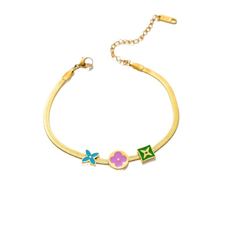 Collar minimalista geométrico de titanio y acero con acabado esmaltado para mujer, delicado collar de cadena fina con acento floral de color contrastante
