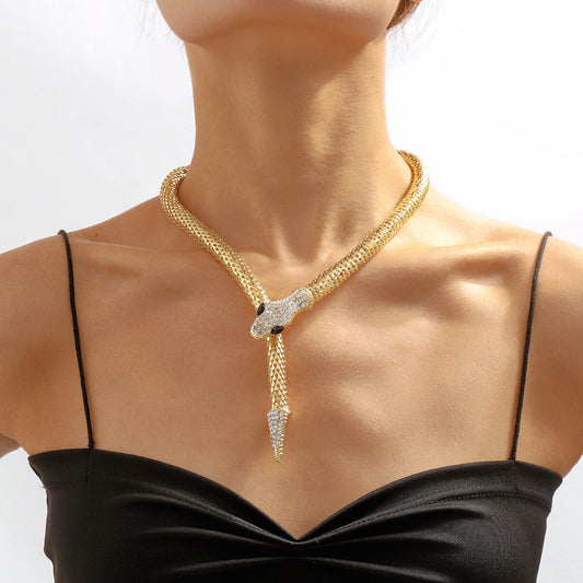 Edgy Punk-Style Geometric Snake Necklace for Women with Electroplated Alloy and Rhinestone Accents