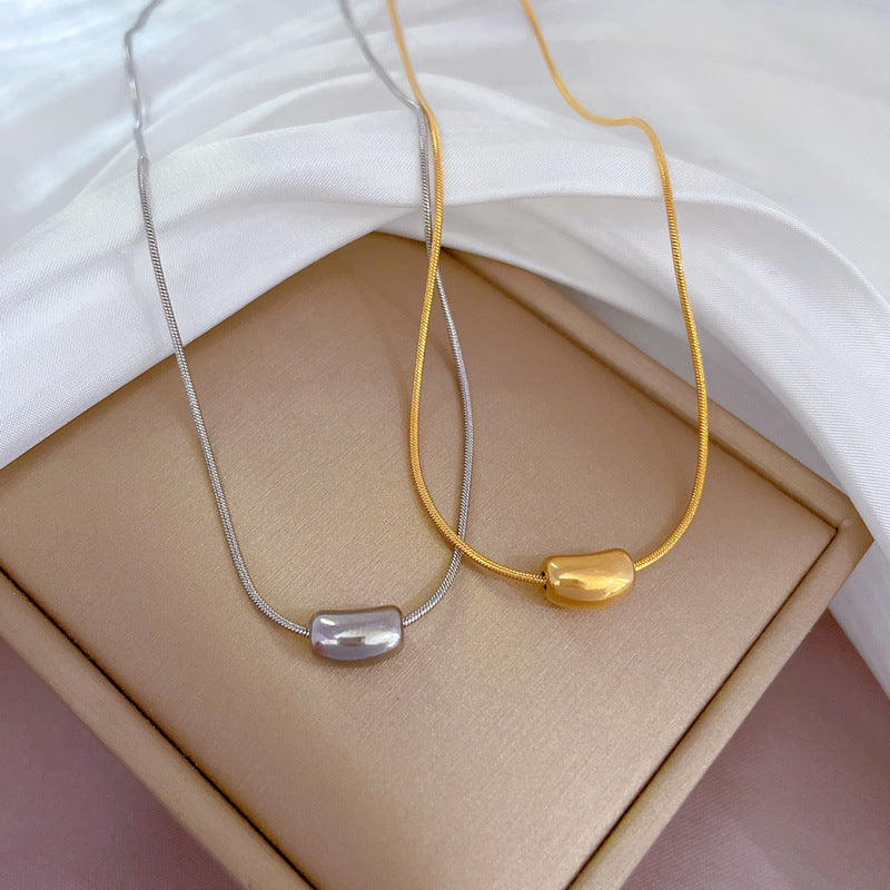 Cartoon Style Geometric Pendant Necklace for Women Made of Titanium Steel with Gold Plating, Clavicle Chain Design Featuring Red Bean Motif
