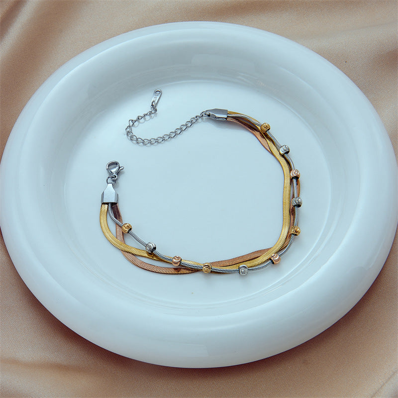 Vintage Punk Style Titanium Steel Plated Multi-Layer Stackable Hand Chain with Contrasting Colors