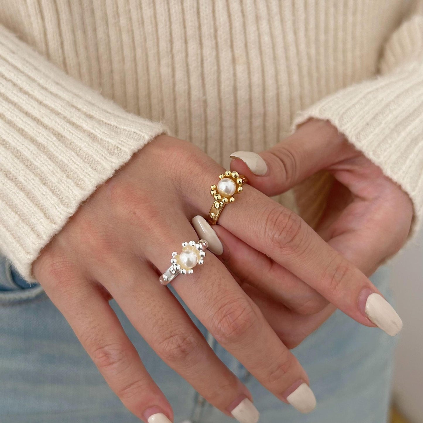 Minimalist Sweet 925 Sterling Silver Bamboo Pearl Ring for Women