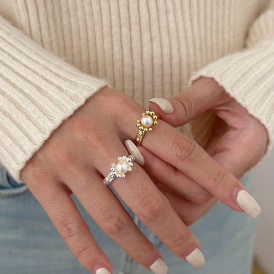 Minimalist Sweet 925 Sterling Silver Bamboo Pearl Ring for Women