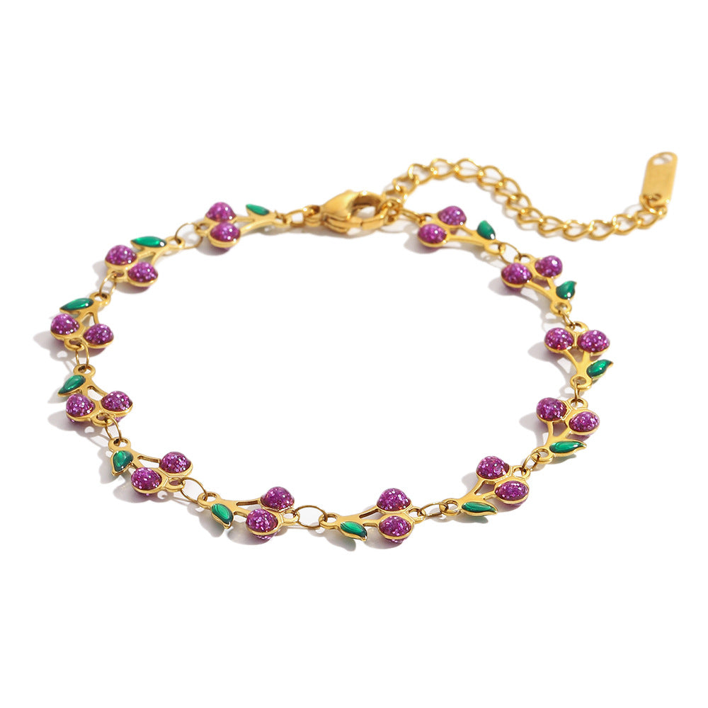 Fashionable Cherry-Shaped Stainless Steel Plated 18K Gold Enamel Bracelet for Women