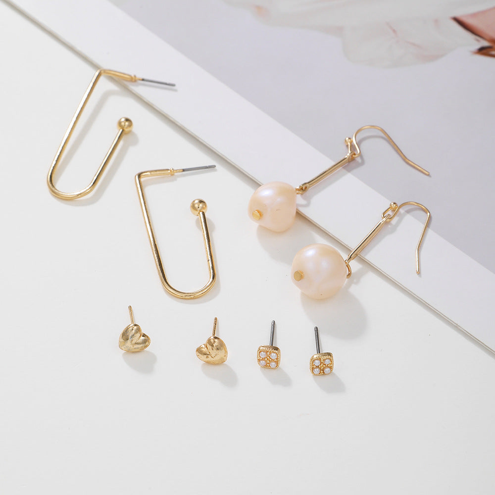 Sweet Rhinestone Inlaid Heart and Round Geometric Pearl Drop Earrings Set