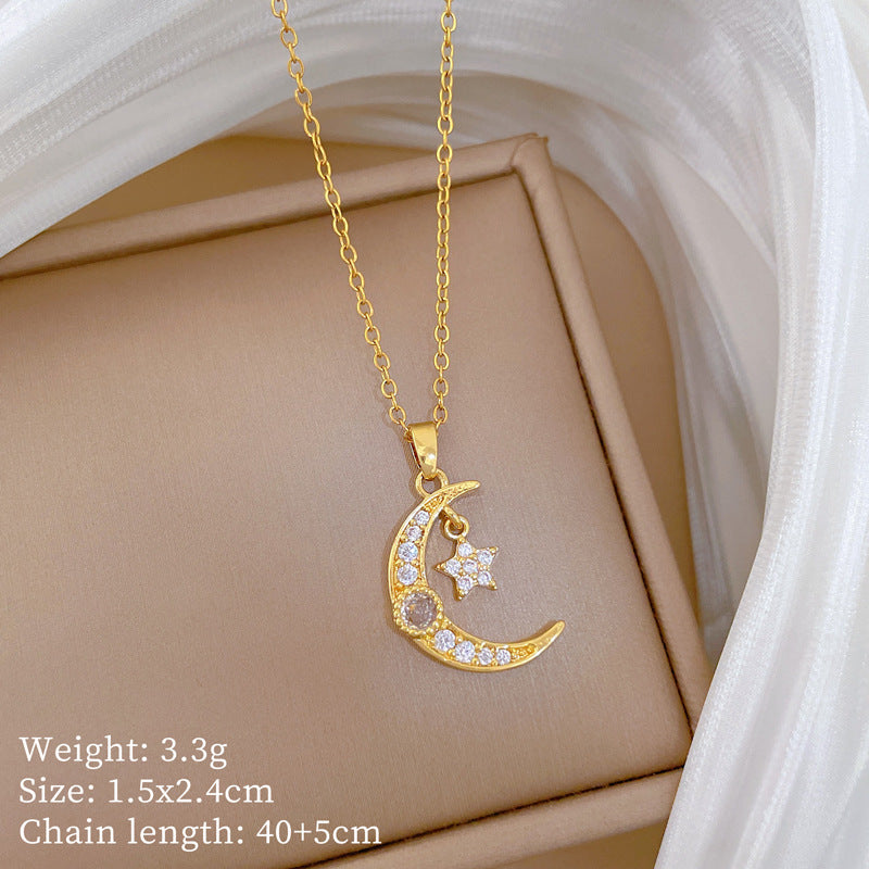Sweet Star Moon Geometric Cubic Zirconia Titanium Steel Necklace for Unisex
