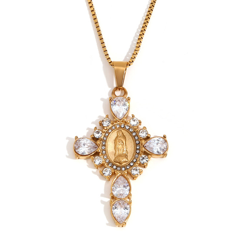Fashionable Cross Pendant Necklace for Women in Stainless Steel with 18K Gold Plating and Rhinestone Inlay