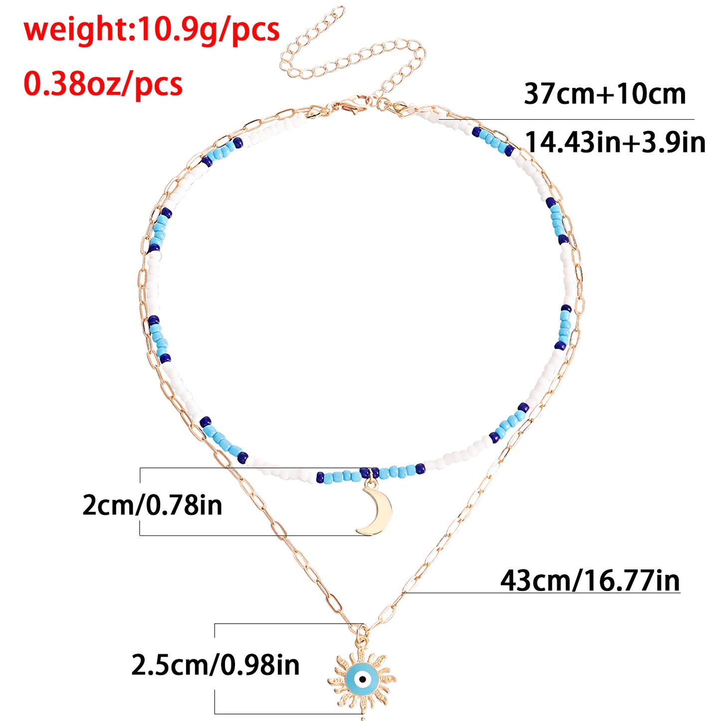 Bohemian Mixed-Color Miyu Moon and Evil Eye Pendant Necklace for Women with Alloy Construction and Electroplated Finish