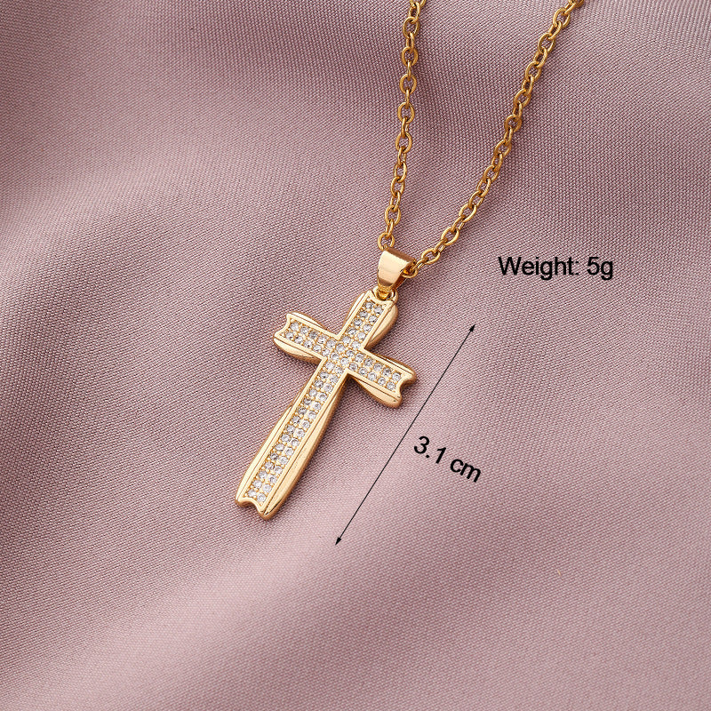 Collar Minimalista de Cobre con Colgante de Cruz e Incrustaciones de Pedrería en Cadena O para Uso Unisex