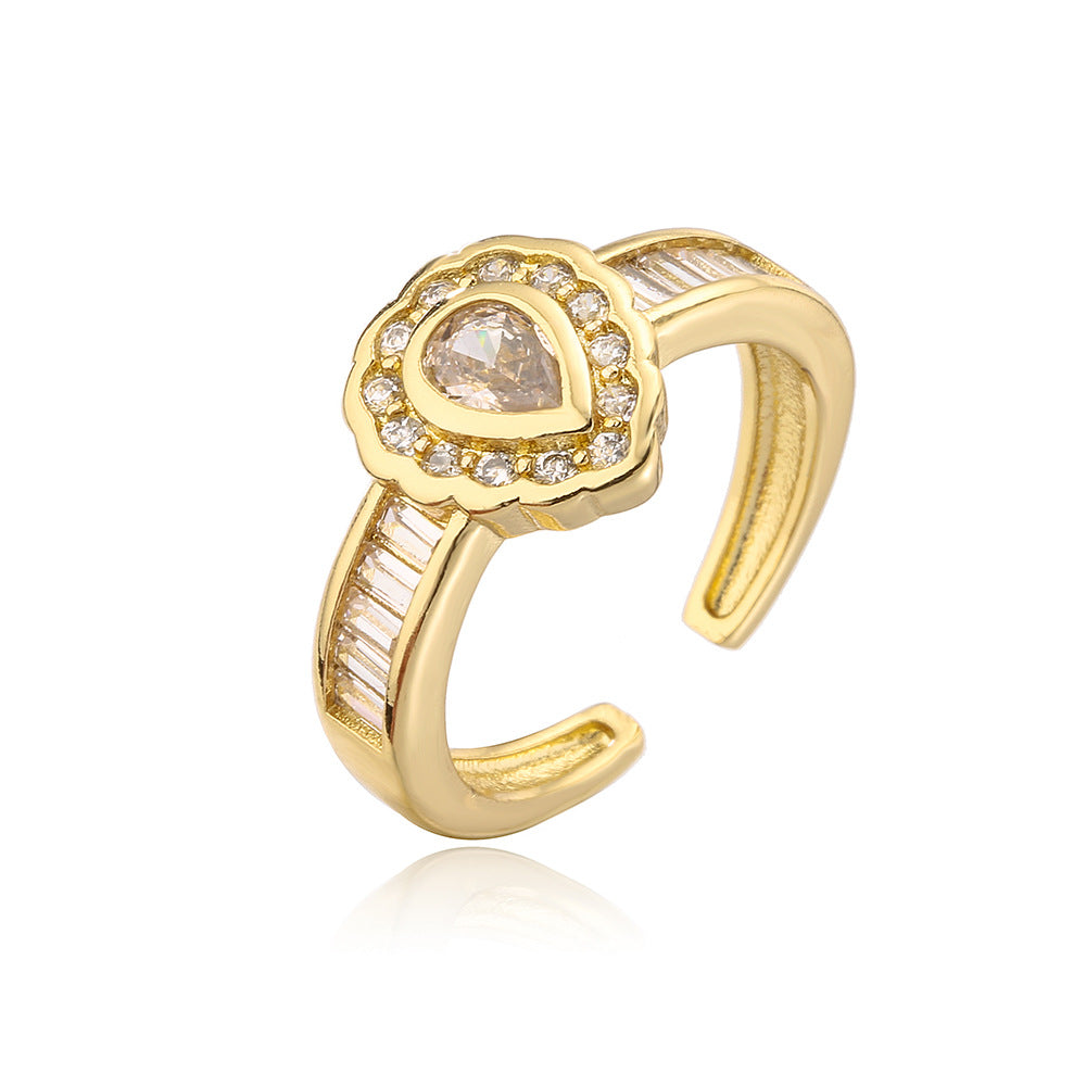 Vintage Geometric Open-Ended Drop-Shaped Ring for Women Made of Brass with 18K Gold Plating and Zircon Inlay