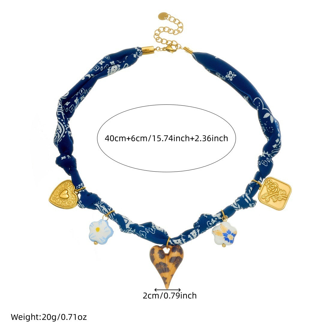 Vintage Gold Plated Stainless Steel Heart Square Floral Leopard Print Ceramic Pendant Rope Chain Necklace for Women