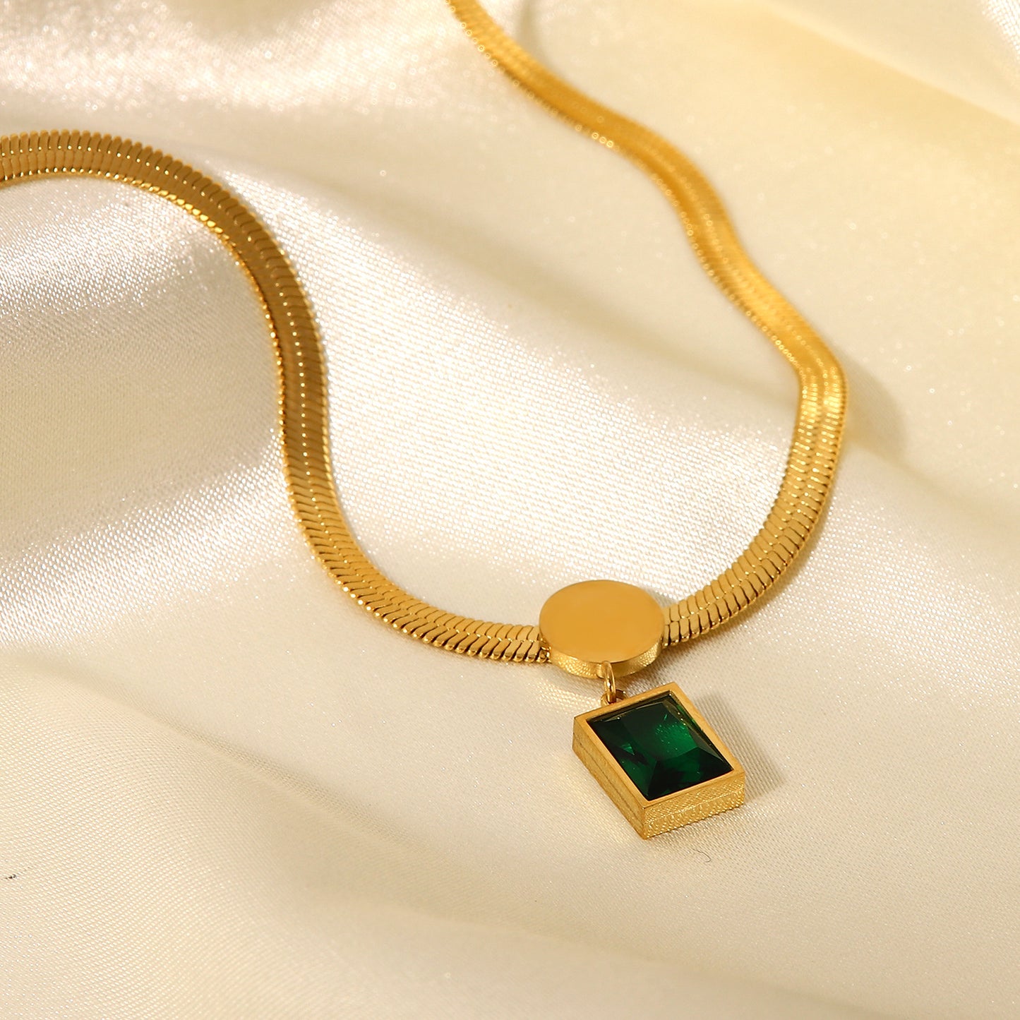 Collar de Acero Inoxidable Chapado en Oro de 18K Vintage, Colgante Geométrico de Circonia Cuadrada Verde, Cadena de Serpiente para Mujer