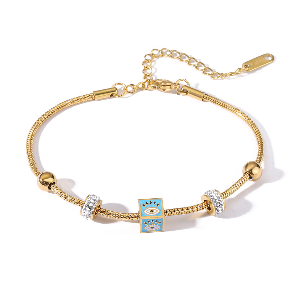 Minimalist Geometric Titanium Steel Bracelet for Women with Enamel Evil Eye Inlay and Micro-Pave Zirconia