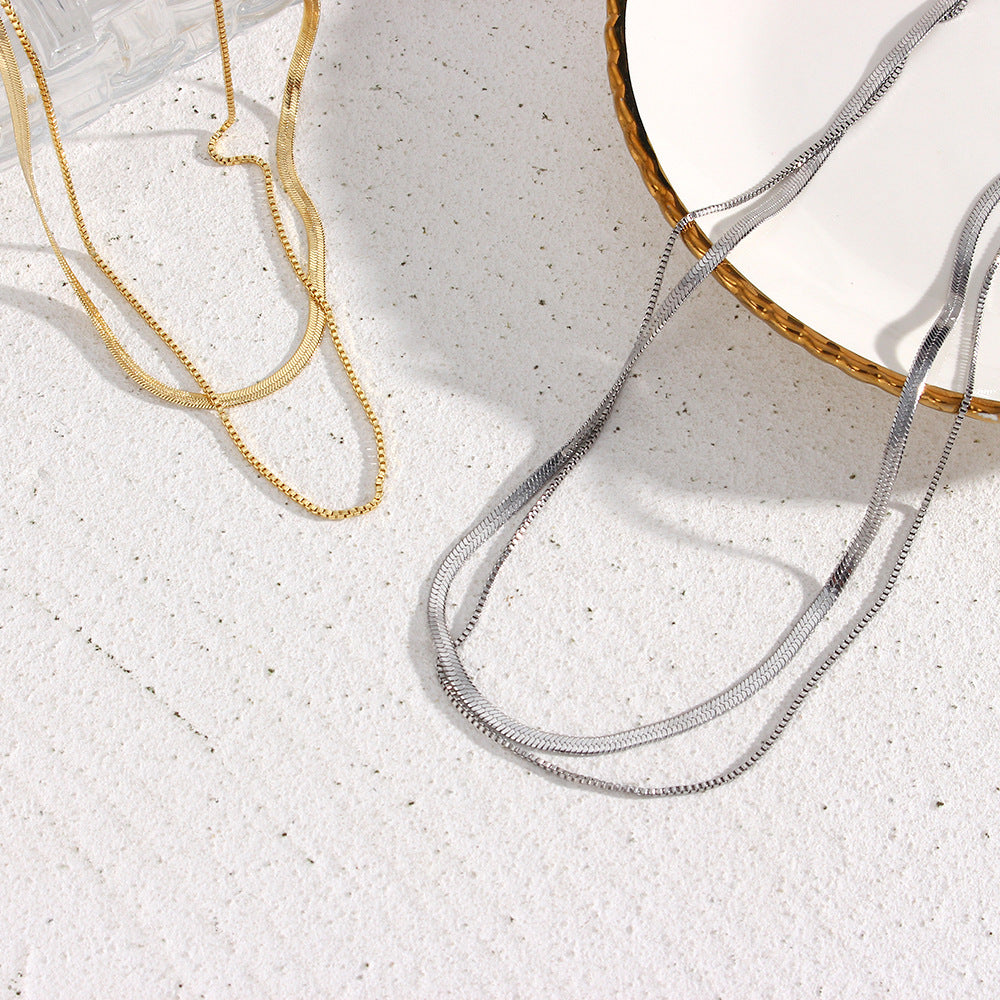Minimalist Geometric Stainless Steel Plated 18K Gold Double-Layer Flat Snake Chain Necklace for Women