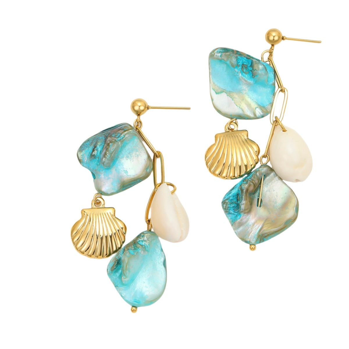 Pendientes de borlas de conchas marinas de color turquesa con estilo playero para mujer en acero de titanio con acabado chapado