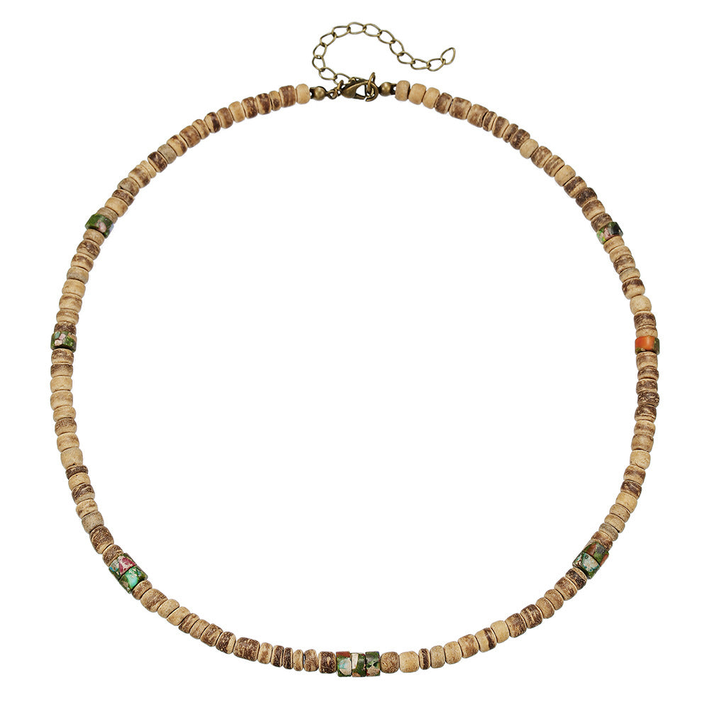 Vintage Bohemian Ethnic Handmade Geometric Coconut Shell Wood Beaded Stone Pendant Necklace for Unisex