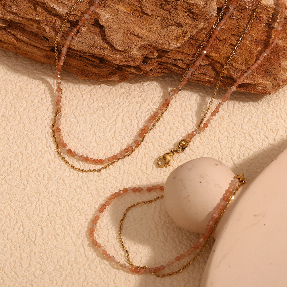 Collana da donna alla moda con perline in pietra del sole, geometrica, in acciaio inossidabile placcato oro 18 carati, design a doppio strato con catena a maglie ovali
