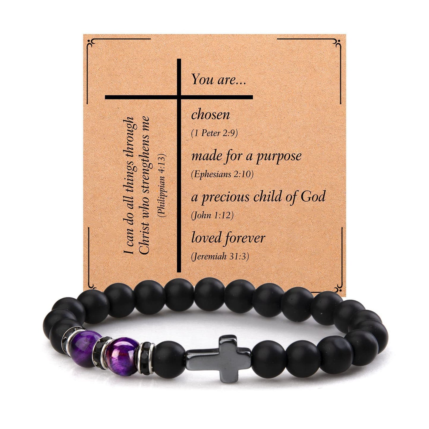 Minimalist Matte Black Beaded Bracelet with Small Cross Pendant Unisex Gift