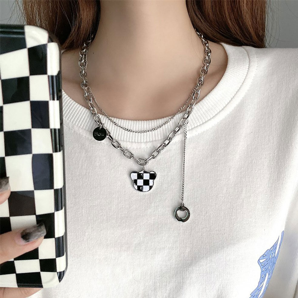 Minimalist Checkerboard Pattern Titanium Steel Double Layer Necklace for Women and Men with Enamel Finish