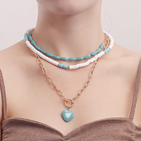 Collana con pendente a cuore turchese bohémien da donna con materiale in lega e finitura galvanizzata dal design geometrico
