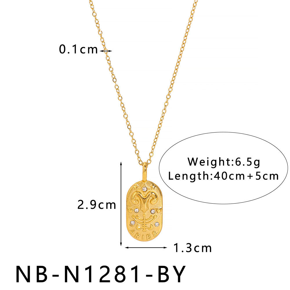 Minimalist Square Zodiac Pendant Necklace in Stainless Steel with Rhinestone Inlay and 18K Vacuum Plating for Women