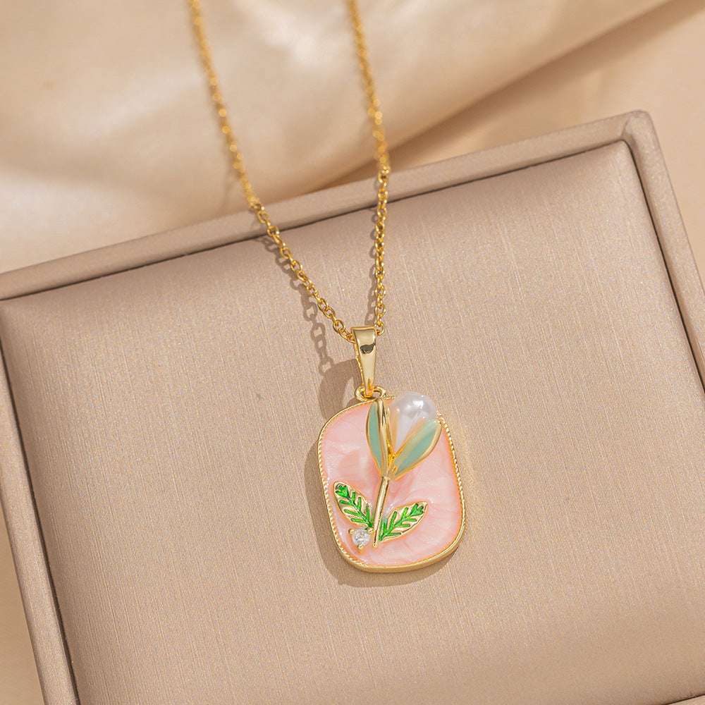 Minimalist Floral Enamel Pendant Necklace for Women and Men Titanium Steel O-Chain with Tulip Rose and Camellia Design