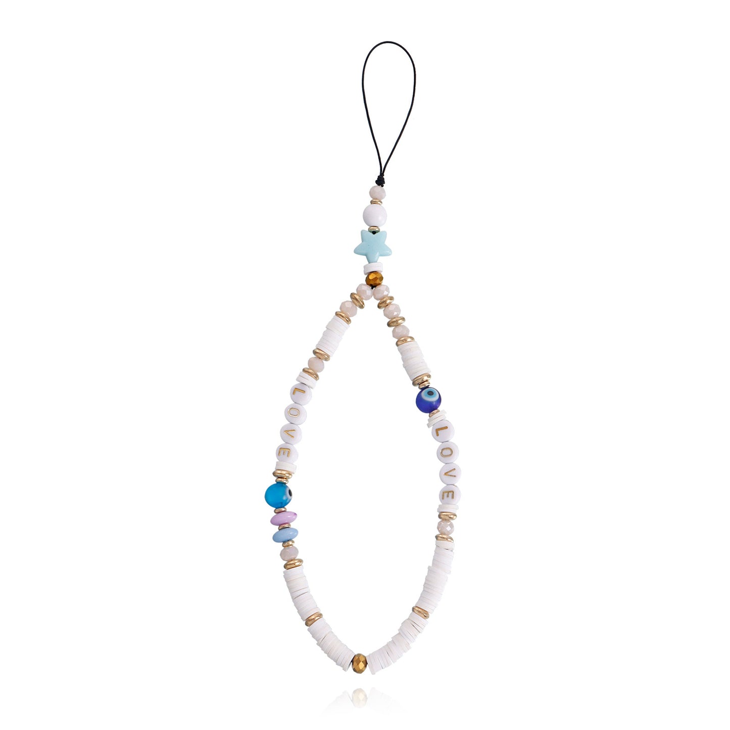 Elegante ciondolo per telefono da donna Chic LOVE Letter Evil Eye con corpo in lega e finitura galvanizzata, cordino per telefono intrecciato a mano