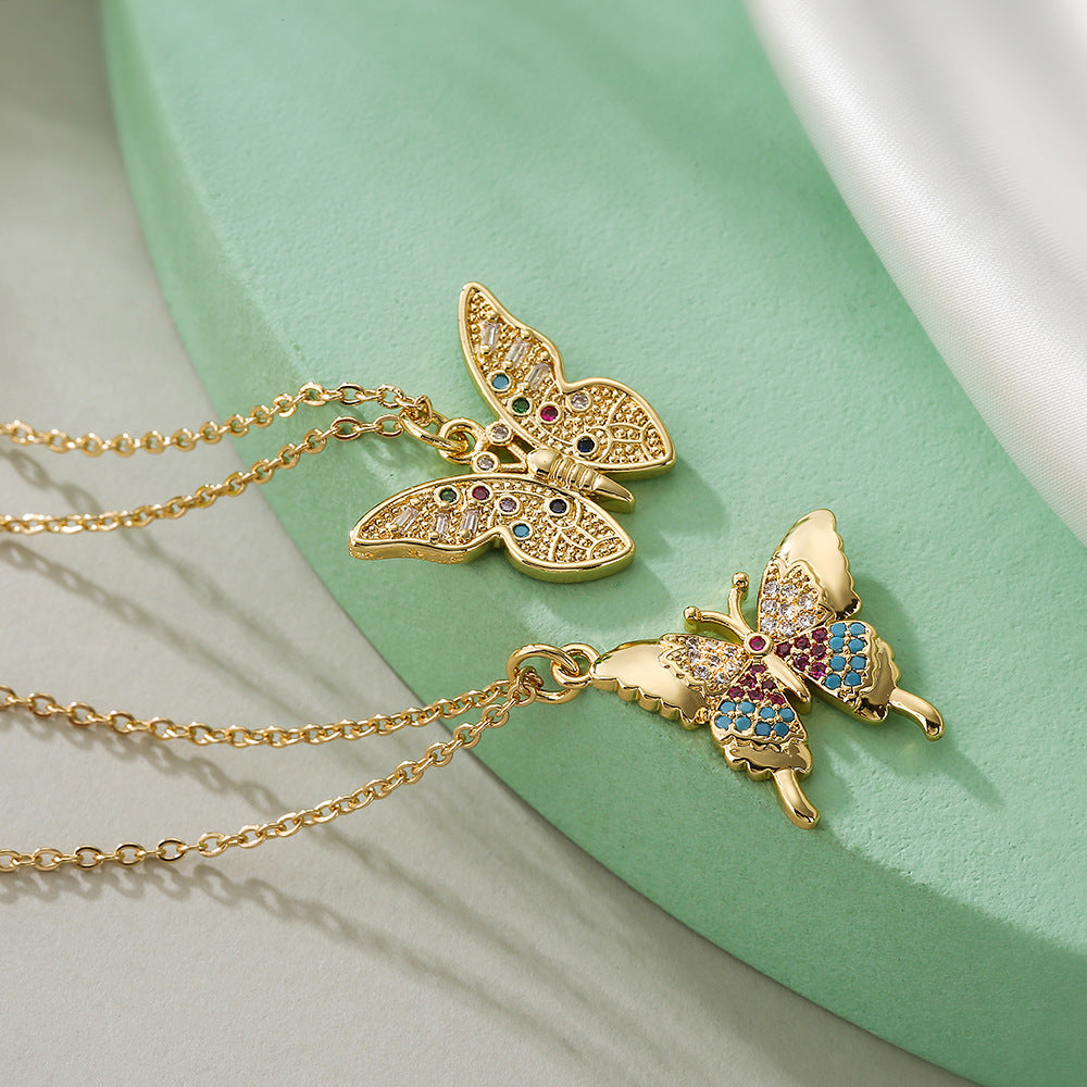Collana Pendente a Farfalla Minimalista da Donna in Rame con Placcatura in Oro e Intarsio di Zirconi