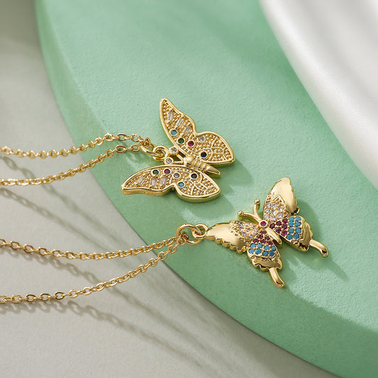 Collana Pendente a Farfalla Minimalista da Donna in Rame con Placcatura in Oro e Intarsio di Zirconi