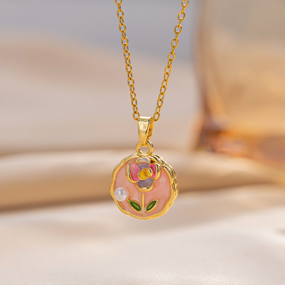 Elegant Floral Enamel Pendant Necklace for Women with Copper Charm and Titanium Steel O-Chain