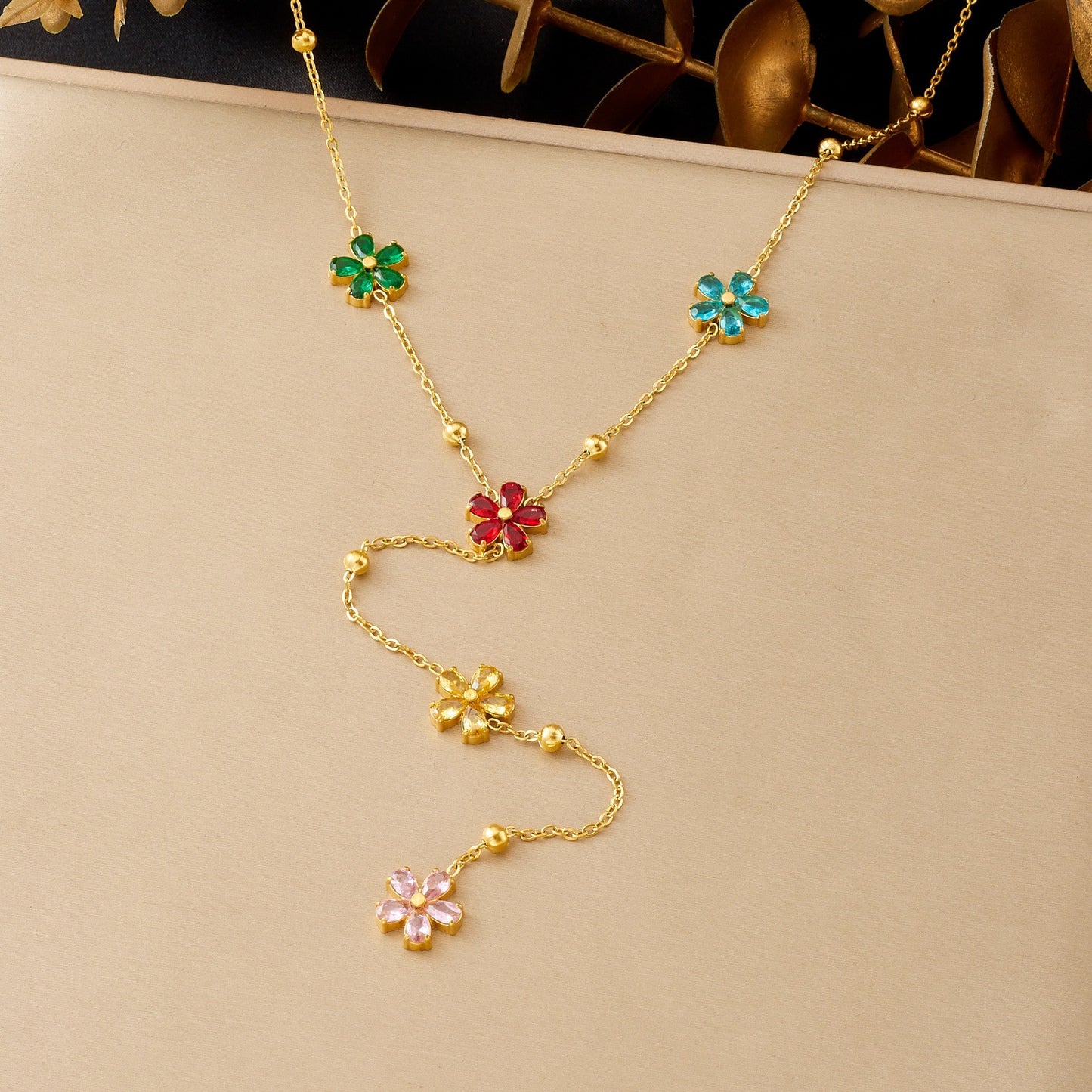 Colorful Rhinestone Floral Tassel Y-Shape Plated Stainless Steel Necklace for Women