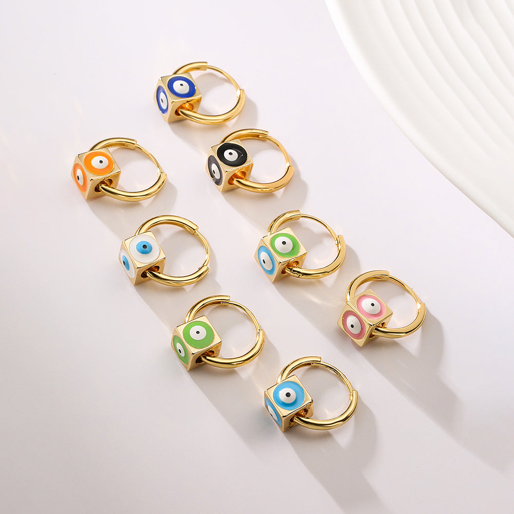 Geometric Square Drop Earrings for Women in Copper with 18K Gold Plating and Enamel Eye Detail