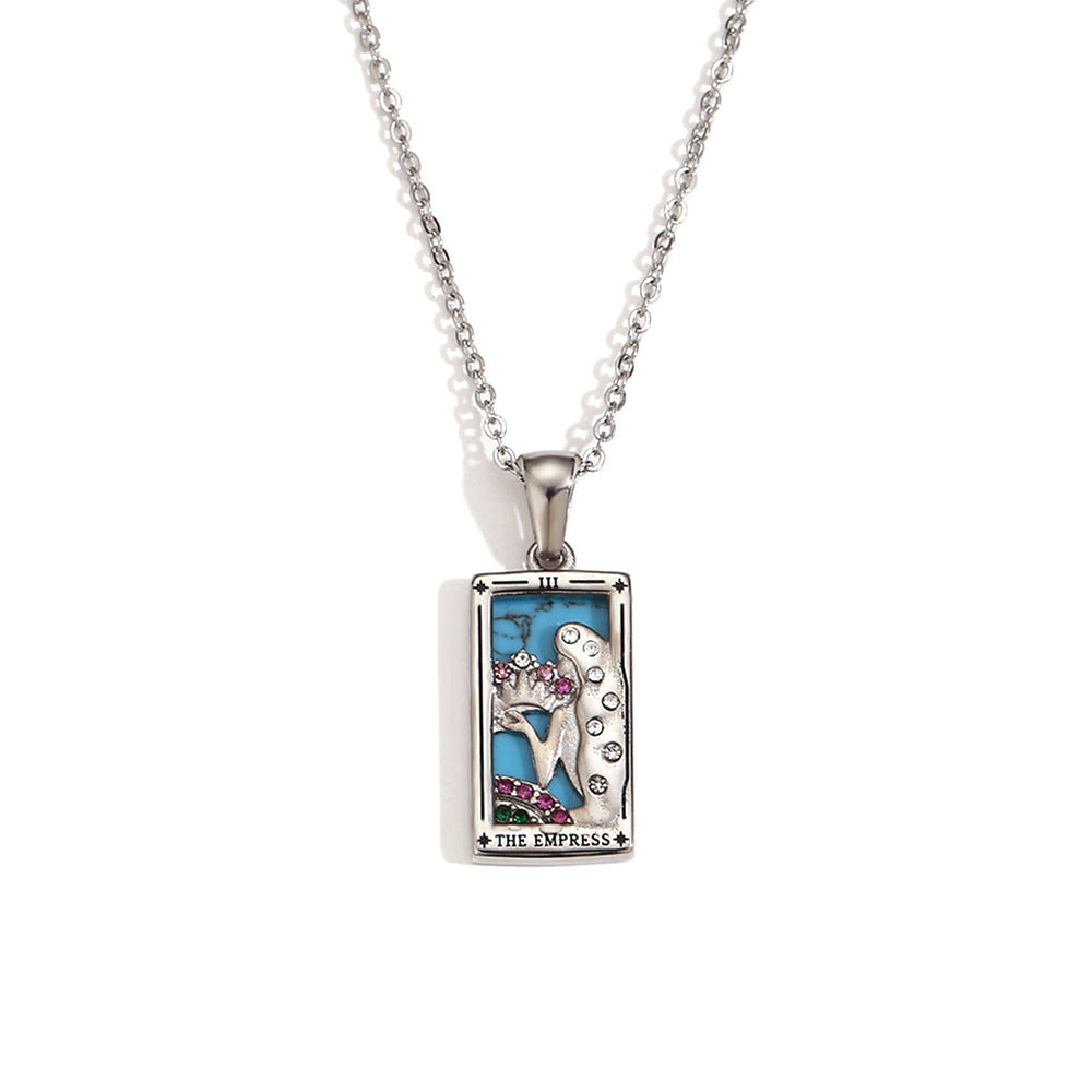Vintage Tarot Card Pendant Necklace for Women Stainless Steel with 18K Gold Plating Geometric Four-Sided Design Fashion Office Style