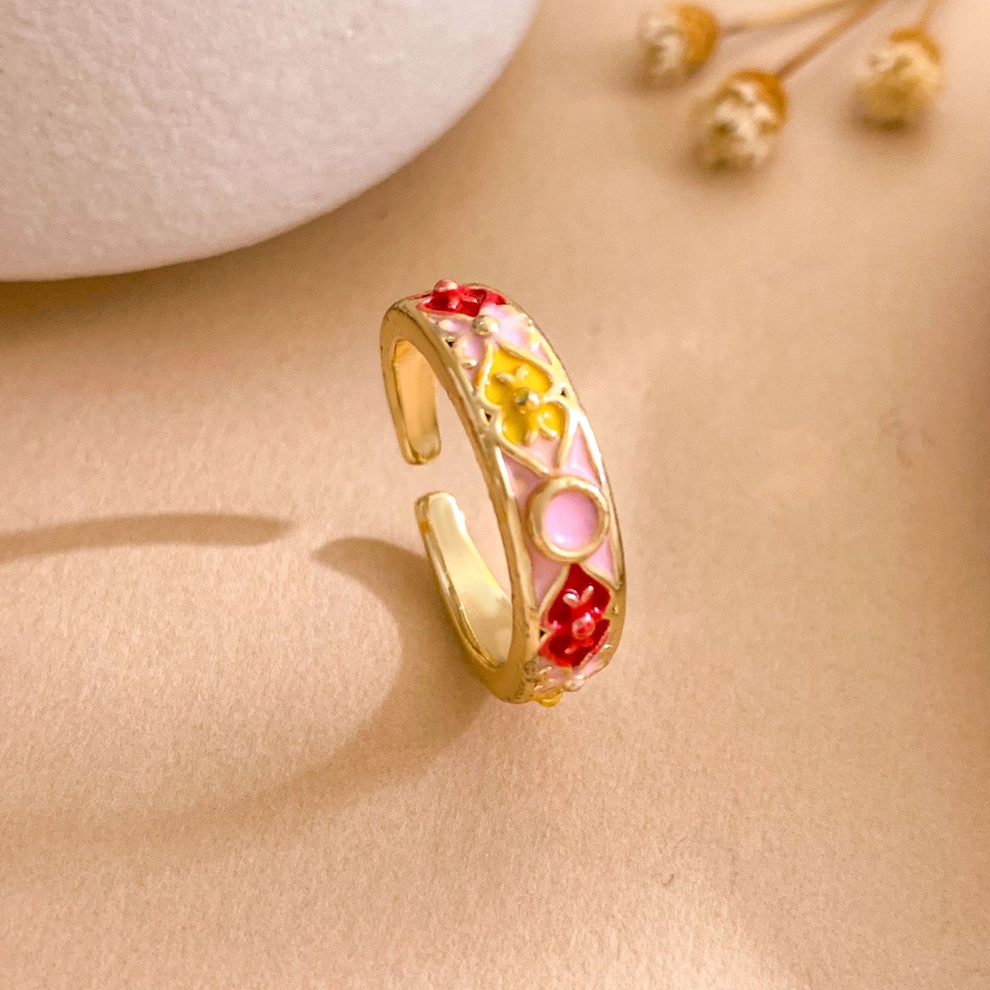 Vintage Sweet Gold Plated Brass Enamel Geometric Open Ring for Women